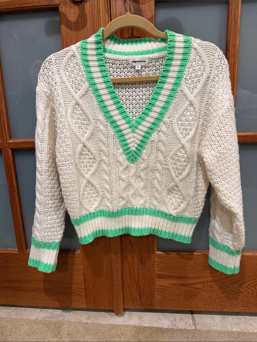 superdown Cream Cable Knit V-Neck Sweater with Green Stripe Trim
